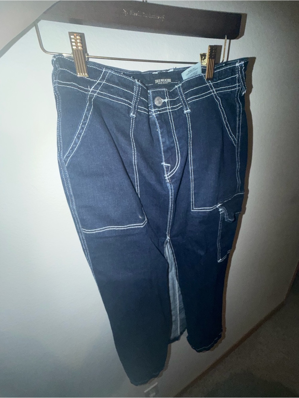 True religion Dark Wash skirt with Contrast White Topstitching